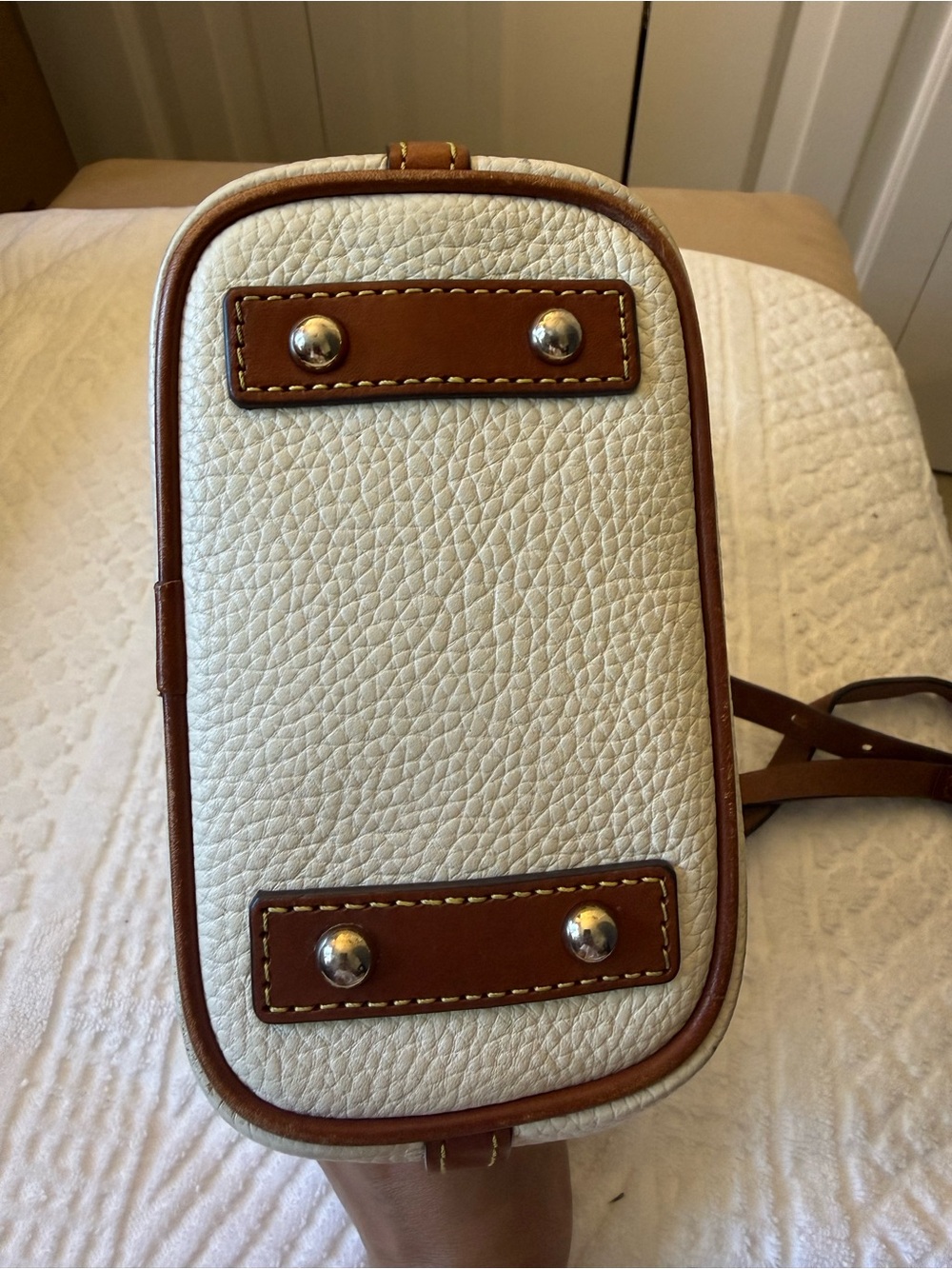 Dooney & Bourke Cream Pebbled Crossbody with Brown Trim - Picture 7 of 13